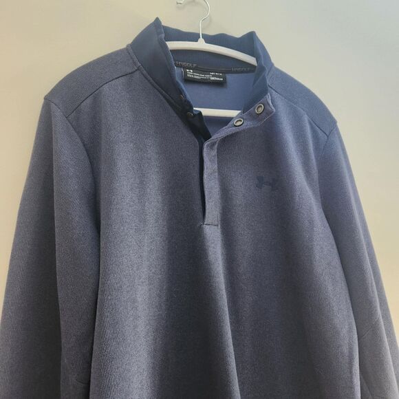 UnderArmour Shirt Mens LG Blue Fleece 1/4 Button Up Pullover Coldgear Loose Golf - Picture 5 of 6